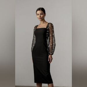 Lichi Sheer Embroidered Floral Puff Sleeve Midi Black Dress Size Medium